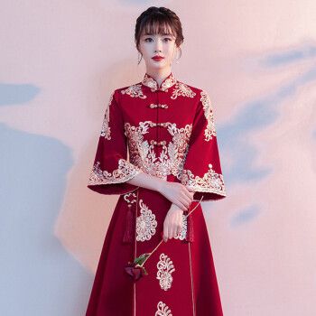 茗瑾萱敬酒服新娘2022新款春季小个子红色中式长袖显瘦订婚裙结婚礼服