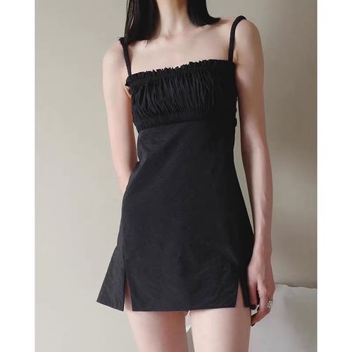 dc/21夏m家黑色吊带小白花露肩性感露背简约连衣裙