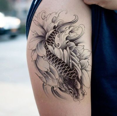 鲤鱼防水纹身贴男3d锦鲤莲花浪花海浪发财鱼女包小腿花臂仿真持久