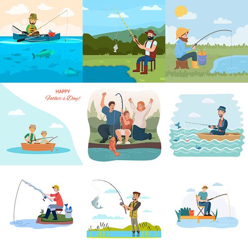 钓鱼插画 扁平化卡通垂钓湖边钓鱼人物场景 ai格式