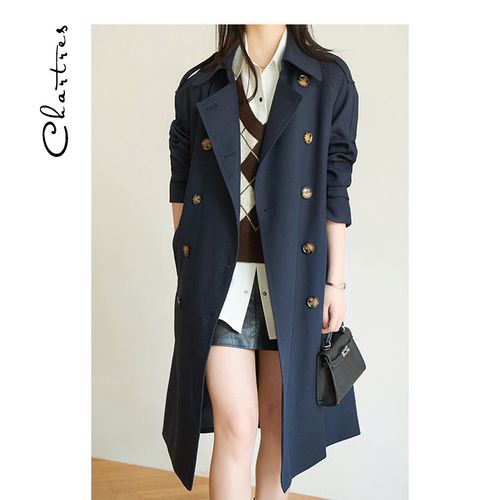 chartres高端免熨风衣 韩版藏青色中长款新款秋装外套风衣女f005 深