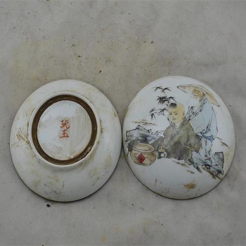 晚清老物景德镇瓷器民国浅彩人物图珍珠盒胭脂盒旧货古玩陶瓷收藏