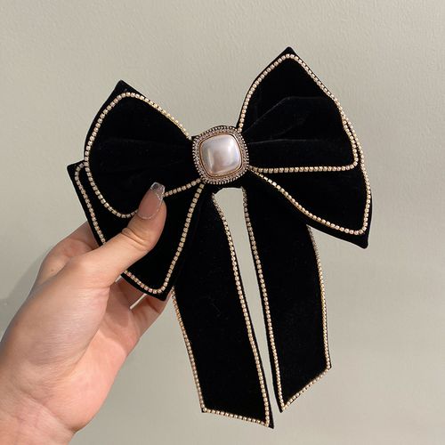 精致珍珠边丝绒大蝴蝶结发夹后脑勺复古法式优雅弹簧夹子头饰 黑色