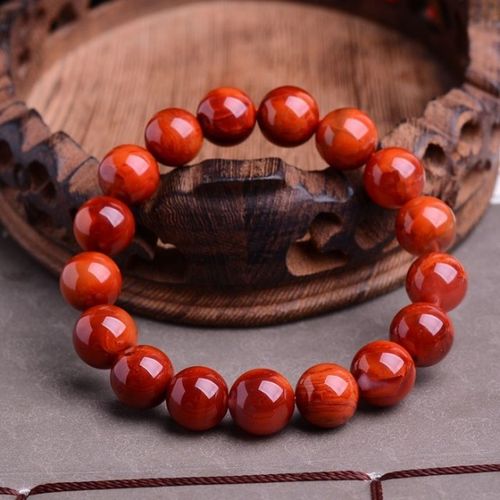 四川大凉山柿子红玛瑙手链玫瑰红满肉火焰纹