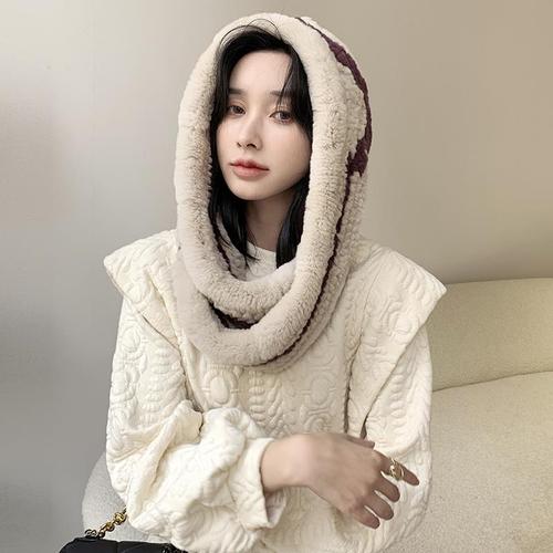 例曲冬季獭兔毛编织围巾帽子一体加厚保暖护耳风雪帽皮草女士围脖