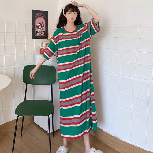 2022夏季新款大码女装胖妹妹韩版宽松显瘦条纹洋气短袖连衣裙子潮