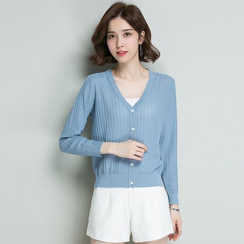 小个子针织开衫女短款鸡心领针织衫空调衫女开衫外搭长袖薄款夏天