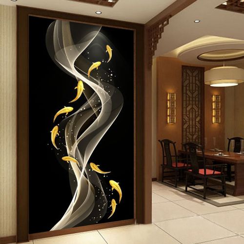 北欧轻奢玄关墙纸进门墙九鱼图招财风水壁画大气壁纸