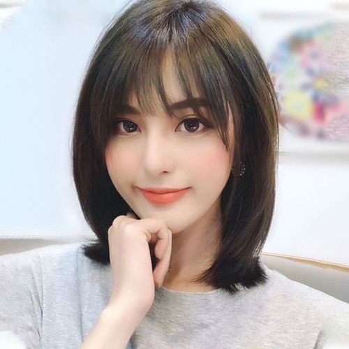 假发女中长发长直发全真人发锁骨发女网红修颜法式刘海圆脸假发套