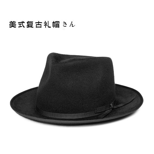 原创可折叠礼帽男黑色羊毛英伦复古美式咔叽风毡帽宽檐卷边绅士帽