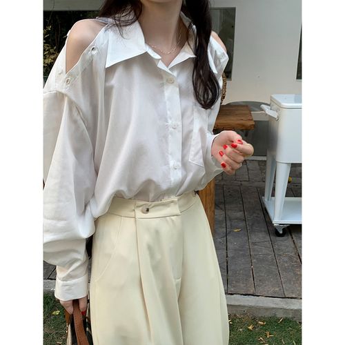沐hope2022十三行女装春季新品纯色衬衫女韩版露肩衬衣新品百搭上