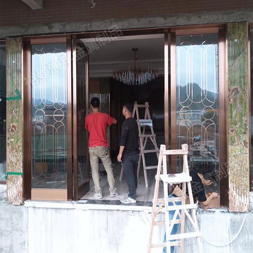 玫瑰金不锈钢有框玻璃入户四开大门定制地弹簧玻璃门酒店钢