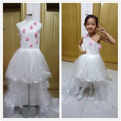 新款环保服装儿童时装秀演出服亲子装女公主裙diy亲子装走秀拖尾