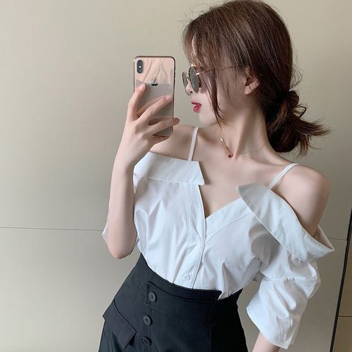 一子肩上衣露肩膀少女露肩的短袖女款衣服t恤性感一字肩夏天辣妹露肩
