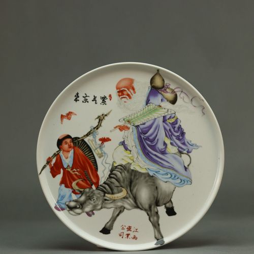 景德镇粉彩人物紫气东来寿星图茶盘 壶承 民间艺术摆件 仿古瓷器