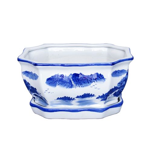 长方楞角青花瓷花盆带托盘室内阳台绿植多肉榕树文竹盆景花盆陶瓷