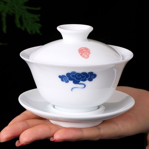 瑞禾祥高白盖碗简约德化陶瓷玉瓷敬茶碗功夫茶具茶杯高白三才盖碗