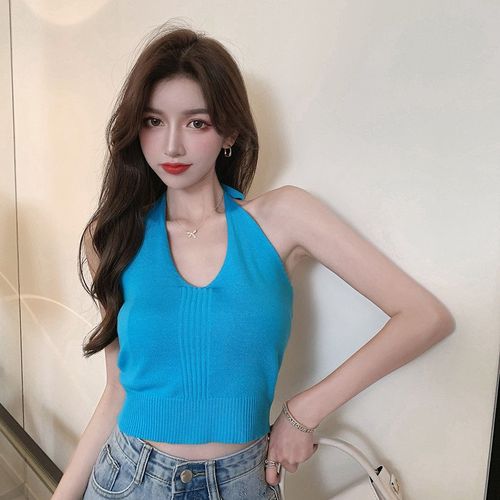 挂脖吊带背心女夏季2021新款设计感小众辣妹修身外穿露肩无袖上衣