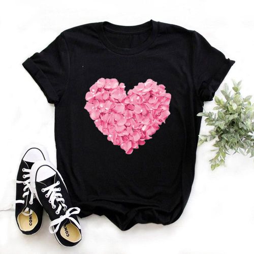 pink rose  heart black t shirt 粉色玫瑰爱心印花莫代尔黑色t恤