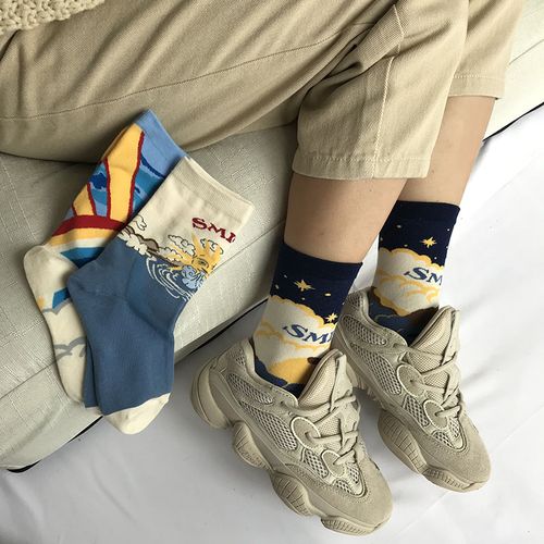 个性高帮复古蓝色米色老爹鞋袜子女ins潮中筒袜秋季日系百搭外穿