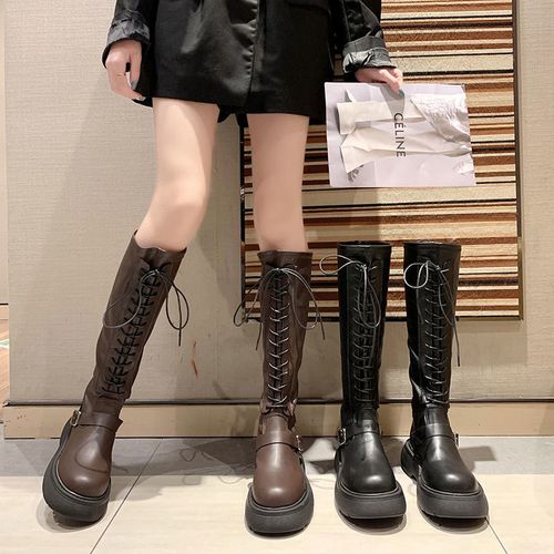 不过膝长筒马丁靴女2021年秋冬季新款网红厚底高筒松糕底骑士靴子
