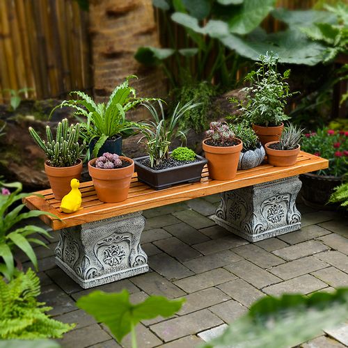 室外 庭院阳台布置摆件户外中式仿石材盆景架室外石墩底座实木组合