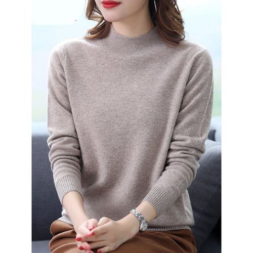 中年女式羊毛衫中款打底衫半高领女毛衣新款宽松内搭针织上衣服 驼色