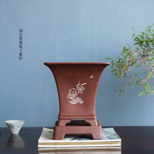 新品y紫砂兰花盆名家精品四方刻绘春建蕙墨寒蝴蝶兰绿云翠盖荷老