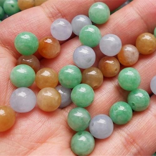 a货老坑冰糯种8-10mm翡翠珠子翠玉散珠diy手链福禄寿三色黄翡圆珠