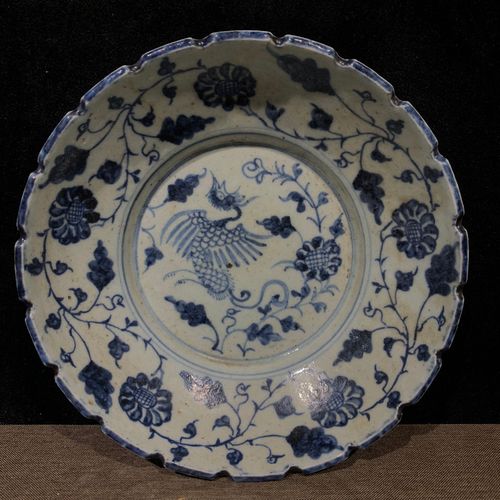 古董瓷器清代仿明代花口高足凤纹赏盘全品包老包真古玩杂项盘子