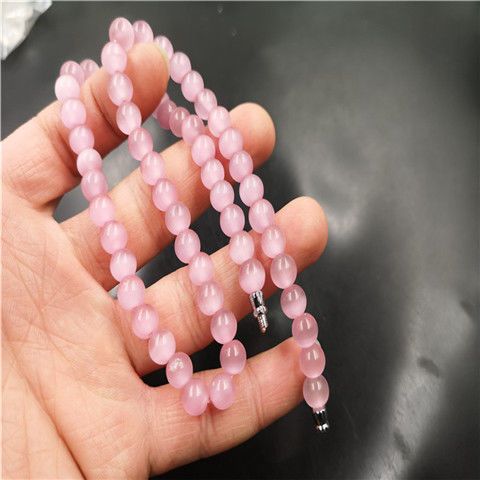 女款冰种粉色8毫米猫眼石圆珠项链 锁骨链 女式粉玉项链