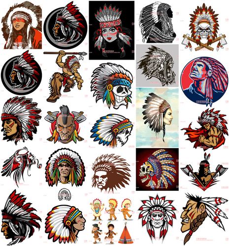 a0213矢量ai设计素材 25张印第安人羽毛头饰t恤印花头像插画