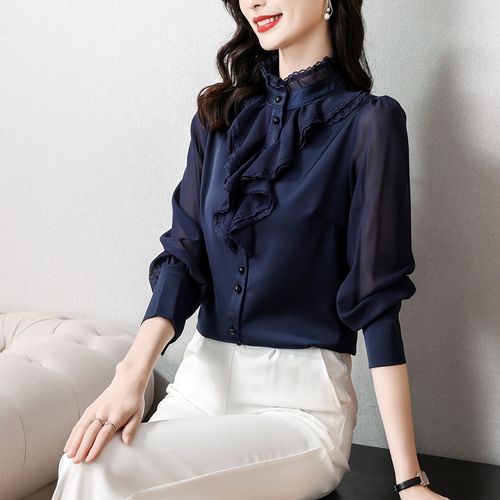 新款复古港味花边领子衬衫设计感小众荷叶边修身上衣女