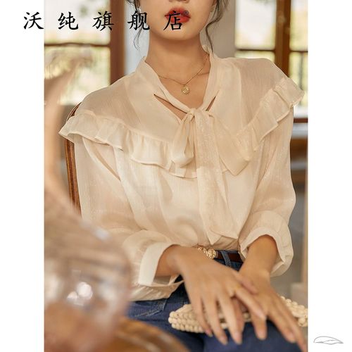 丝光荷叶领绑带薄款雪纺衬衫女夏季2021新款法式复古长袖上衣