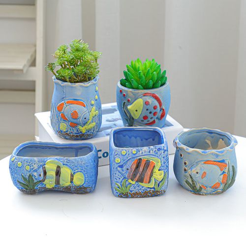 海洋系列多肉花盆多肉植物花盆简约陶瓷小花盆蓝色小号肉肉盆包邮