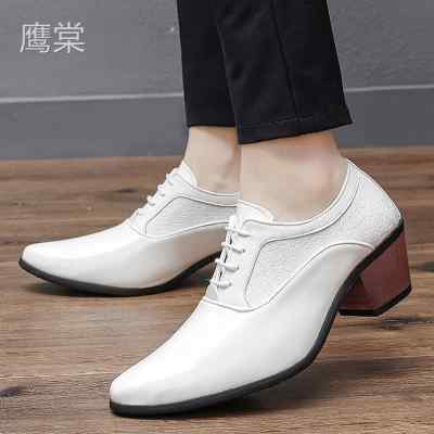 男士高跟鞋粗跟尖头皮鞋男红色发型师增高6cm商务休闲鞋子男亮面