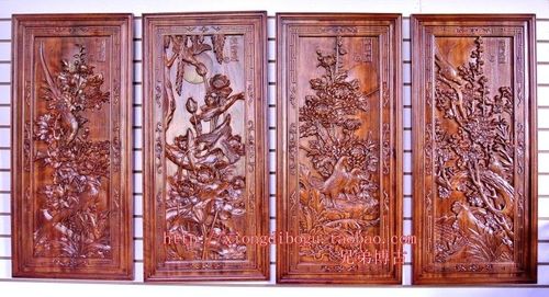 东阳木雕挂件壁饰客厅隔断挂屏木雕画实木壁挂条屏春夏秋冬52x112