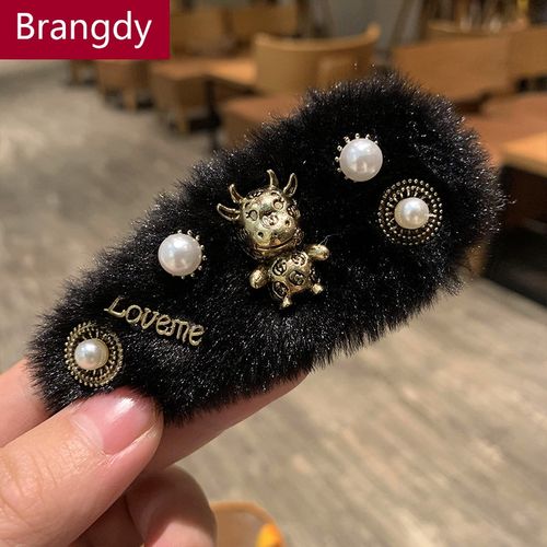 发夹网红2022金属牛小熊边夹头饰秋冬毛毛绒bb夹后脑勺发卡子 黑色