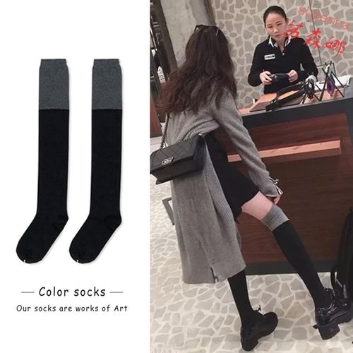 网红长筒袜女春秋新款显瘦高筒过膝袜子日系黑色拼接
