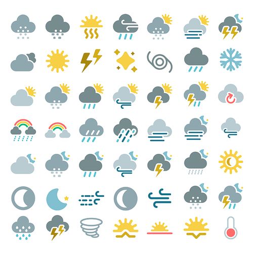 天气元素图标 扁平化气象预报晴多云雷雨下雪 ai格式矢量设计素材