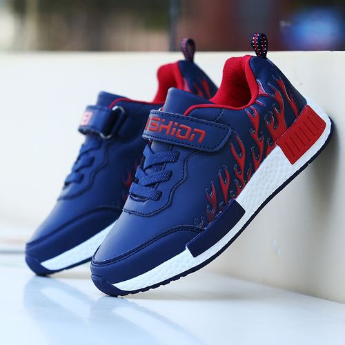 春秋新款防臭网鞋儿童鞋皮面防水运动鞋中大童男孩休闲鞋 皮面-深蓝色