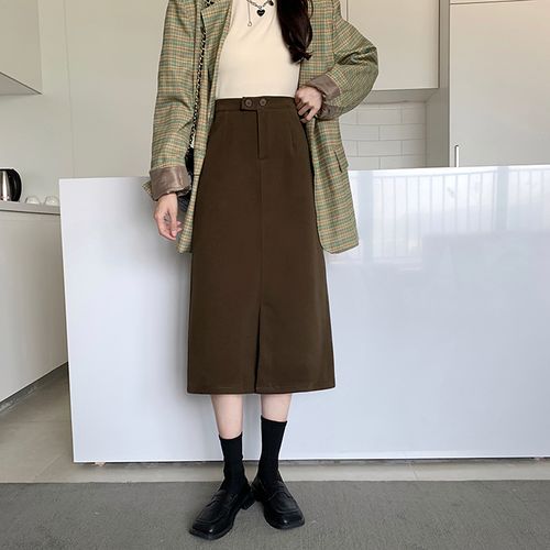 秋冬大码毛呢中长款半身裙女2021新款咖色a字长裙高腰遮胯包臀裙