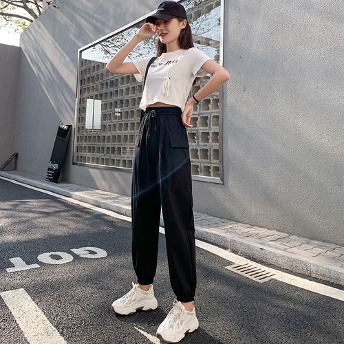 伦款高裤宽裤裤初装中生中哈女干夏松束子季薄动工休学运裤脚闲速