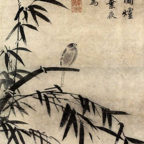 明唐寅 雨竹小鸟图 33x86厘米 花鸟画全手工唐伯虎玄关卧室挂画