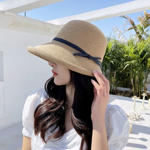 草帽女士夏季赫本淑女时尚透气大檐遮阳防晒旅行帽子可折叠太阳帽