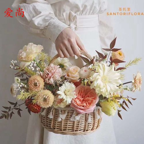 柳编圆形藤编花边花篮网红仙女系列花艺课插花篮碎花韩式手提花篮