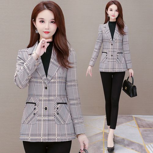 小西装外套女2020年新款韩版休闲中年妈妈短款格子小西服春秋上衣