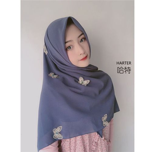 穆斯林新款雪纺纱巾蝴蝶纯色学生方巾马来款纱巾休闲回族盖头围巾【2