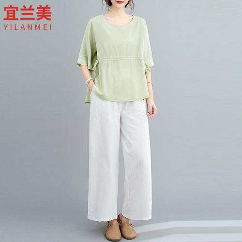 棉麻套装女休闲时尚2020年夏装新款复古洋气裙裤亚麻
