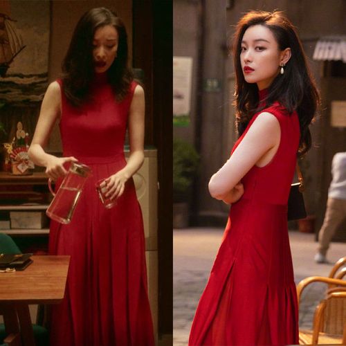 21早春新流金岁月倪妮朱锁锁明星同款衣服红色长款修身显瘦连衣裙